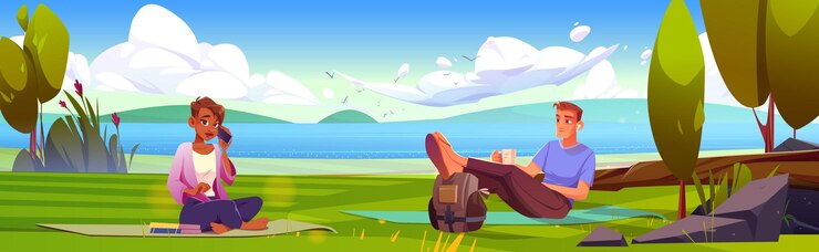 Free Vector man and woman relax on green lawn at lake shore
