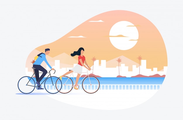 Free vector man and woman riding bicycles, sun and cityscape in background