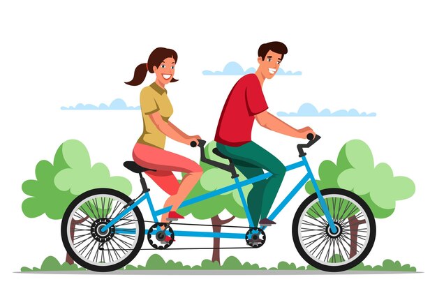 Man and woman riding ecofriendly tandem bicycle Young couple walking enjoying sports travelling