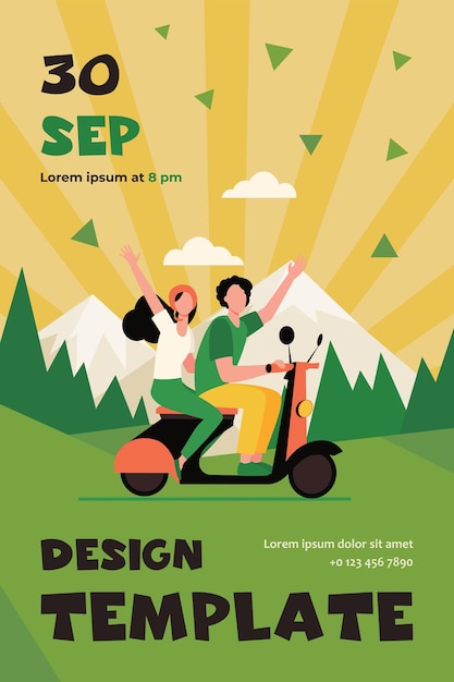 Man and woman riding moped in mountains. forest, nature. flat flyer template