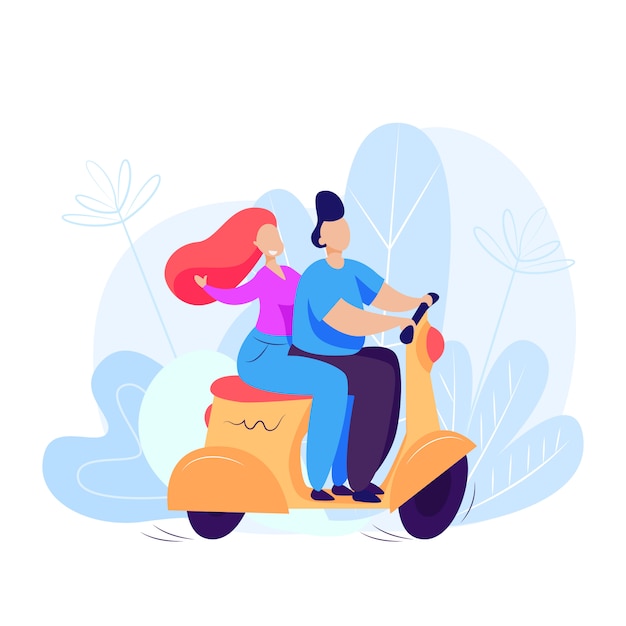 Man and woman riding scooter
