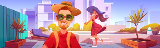 Man and woman on rooftop terrace with pool