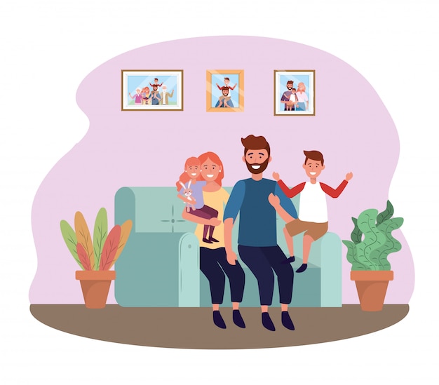 Free vector man and woman in the sofa with daughter and son