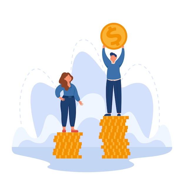 Man and woman standing on different stacks of gold coins. salary gap between male and female employee characters flat illustration