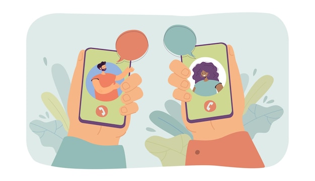 Man and woman talking using phone flat vector illustration. Hands holding smartphones with friends on its screens. Online communication, internet concept for banner, website design or landing web page
