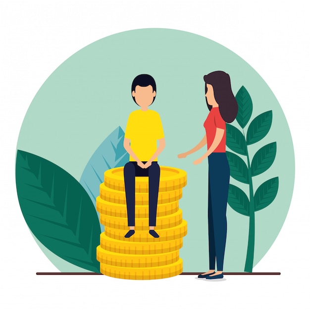 Free vector man and woman teamwork with plant and coins