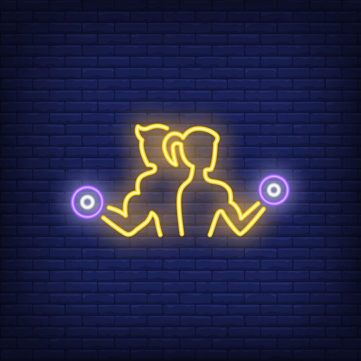 Free Vector man and woman training with dumbbells neon sign