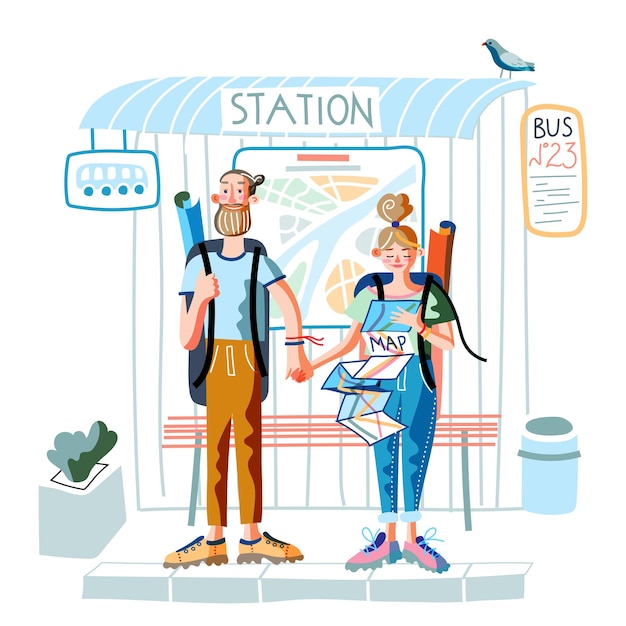 Free vector man and woman travelers with backpacks standing on bus station young happy hipster couple girl looking at paper map