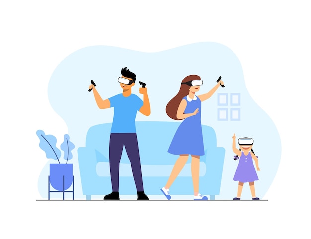 Man and woman using augmented reality technology, virtual reality headset in use. they wearing vr goggles modern technology. they enjoyment play in online gaming at home with virtual reality headset