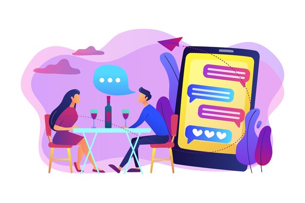 남자와 여자는 스마트 폰에서 온라인 데이트 앱을 사용하고 테이블에서 회의, 작은 사람들. 소개팅, 스피드 데이트, 온라인 데이트 서비스 개념.