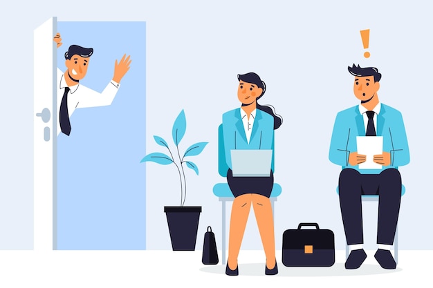 Man and woman waiting for a job interview Free Vector