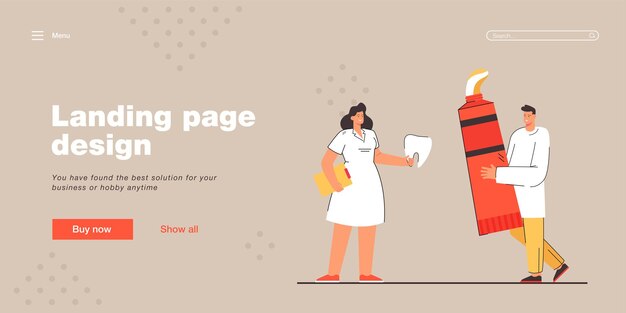 Man and woman with giant toothpaste and tooth landing page template