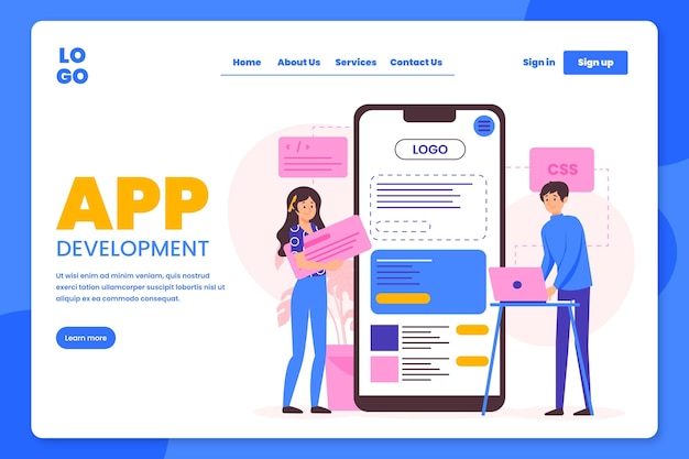 Man and woman working on app development landing page