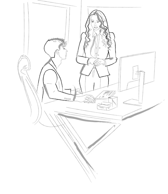 Man and woman working together on a project Internship mentor or colleagues Vector line arts