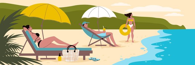 Мужчина и женщина отдыхают на тропическом песчаном пляже с зонтиками, пьют плавательное кольцо с плоской векторной иллюстрацией