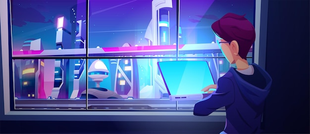 남자는 밤에 네온 건물과 도로가 있는 미래 도시 풍경의 창 벡터 만화 그림 뒤에 미래 도시 풍경과 사무실에서 컴퓨터 작업