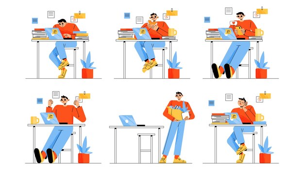 Free vector man work with laptop in office