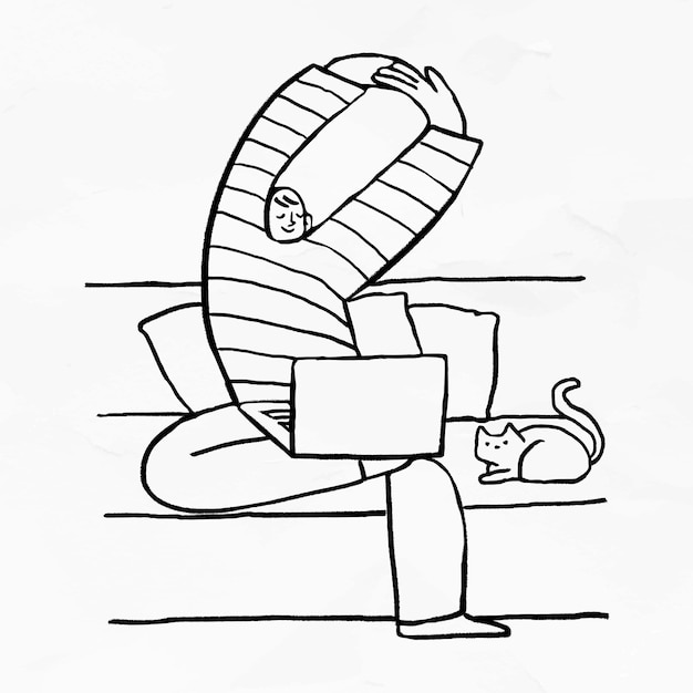 Бесплатное векторное изображение Человек, работающий из дома с его кошкой, сидящей в стороне каракули элемента вектора
