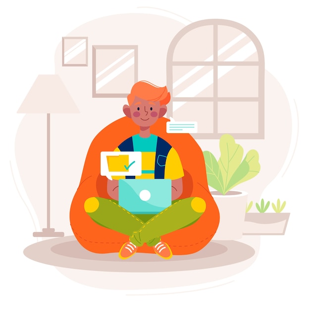 Free vector man working at home on computer