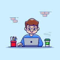 Free vector man working on laptop with coffee and stationary cartoon vector illustration.