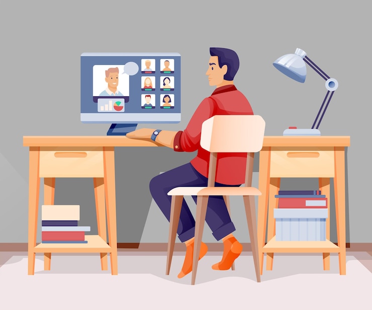 Free Vector man working in modern home office young guy worker sitting in chair at computer at house