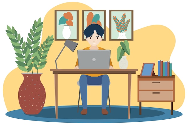 Бесплатное векторное изображение Человек, работающий на компьютере дома