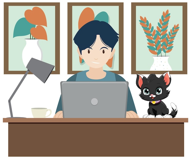 Free vector man working at the table with a cat