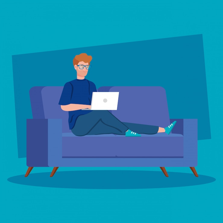 Free Vector man working in telecommuting with laptop in couch