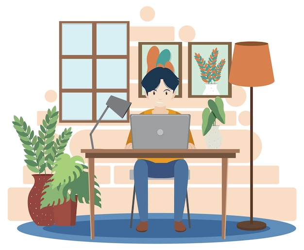 Free vector a man working using laptop flat design