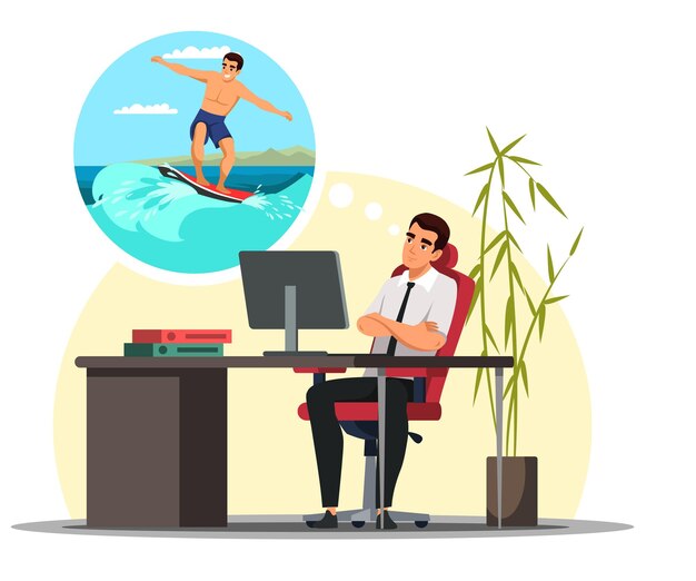하이 웨이브 서핑을 생각하는 직장 남성은 활발한 수상 스포츠에서 미래의 휴식을 상상합니다.