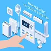 Free vector management of climate system isometric composition with human hand setting temperature mode on control panel for air conditioner