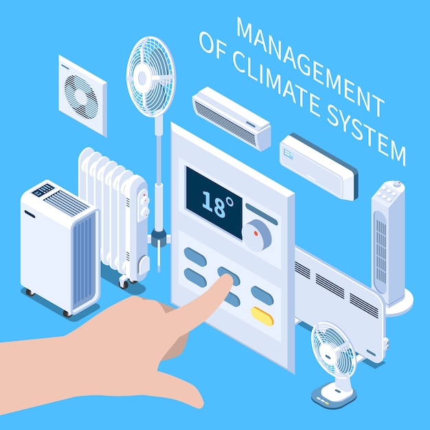 Management of climate system isometric composition with human hand setting temperature mode on control panel for air conditioner 