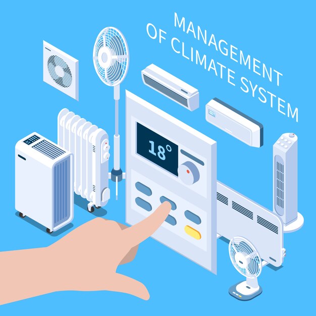 空調機のコントロールパネルで人間の手設定温度モードによる気候システムの等尺性構成の管理