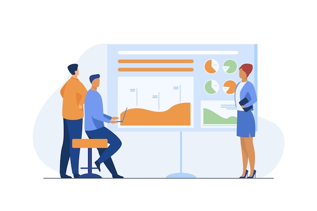 Manager presenting report to colleagues, partners, investors. Diagram, bar chart, graph flat vector illustration. Business presentation, analysis