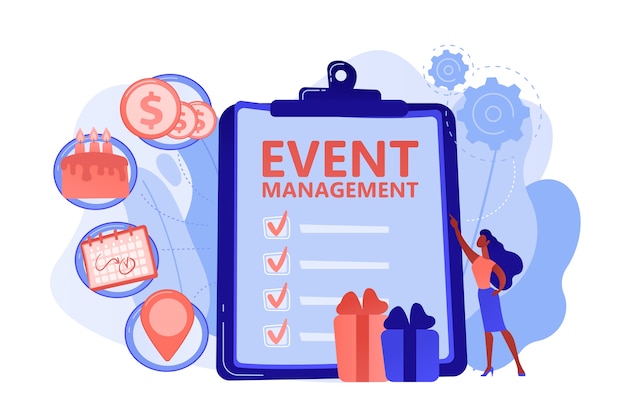 이벤트 계획 및 개발을 작성하는 체크리스트가있는 관리자. 이벤트 관리 및 계획 서비스, 이벤트 계획 방법, 소프트웨어 개념 계획. 분홍빛이 도는 산호 bluevector 고립 된 그림