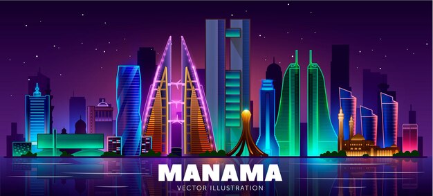 마나마의 밤 스카이라인(바레인). 벡터 일러스트 레이 션. 현대적인 건물과 비즈니스 여행 및 관광 개념입니다. 배너 또는 웹 사이트용 이미지입니다.