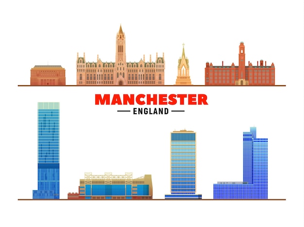 Vettore gratuito punti di riferimento principali di manchester in inghilterra su sfondo bianco illustrazione vettoriale viaggi d'affari e concetto di turismo con edifici moderni immagine per banner o sito web