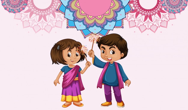 Free vector mandala pattern design background with indian girl and boy