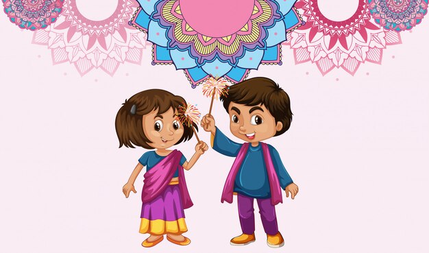 Мандала шаблон дизайна фон с индийской девочкой и мальчиком