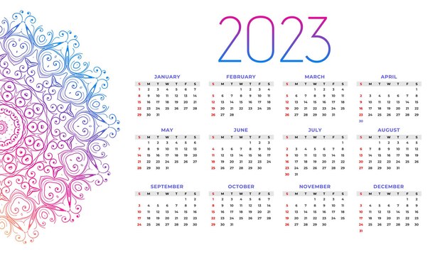 Mandala style 2023 new year calendar background design