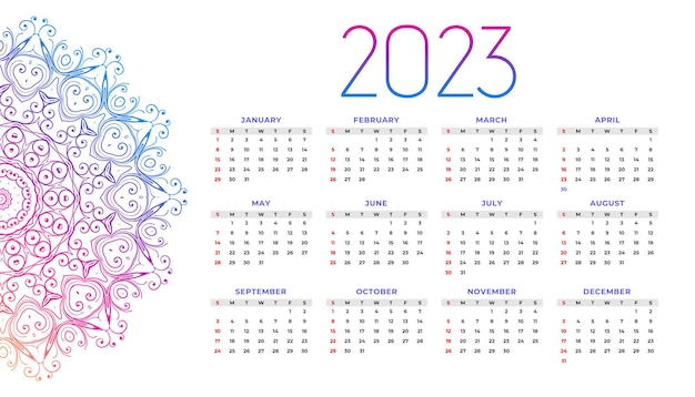 Дизайн фона календаря нового года в стиле мандалы 2023