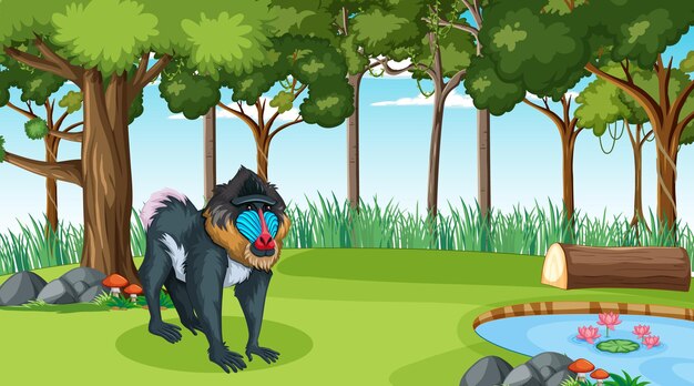 Free vector a mandrill in forest at daytime scene with many trees