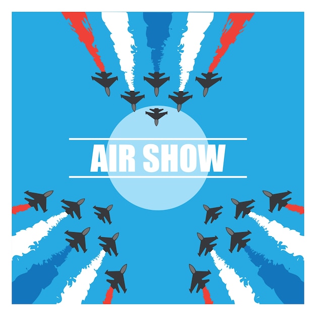 Maneuvers of an fighter planes in the blue sky for air show banner. vector illustration