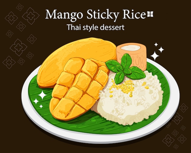 Mango sticky rice thai style dessert hand draw art illustration premium vector