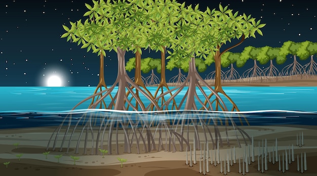 Сцена пейзажа мангрового леса ночью