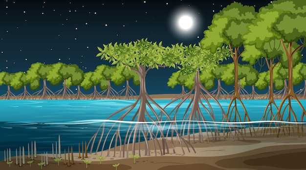 Сцена пейзажа мангрового леса ночью