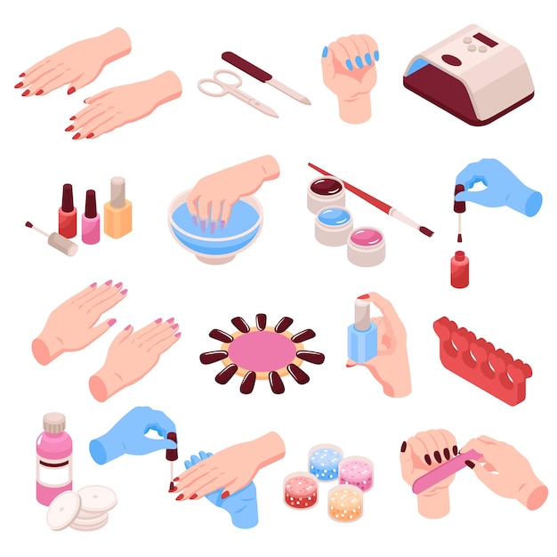 Manicure isometric set of female hands and various manicure accessories including scissors nail file tweezers nail polish isolated vector illustration