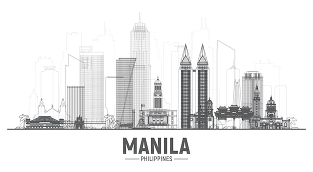 Manila Philippines line skyline with panorama in white background Vector Illustration Business travel and tourism concept with modern buildings Image for banner or website