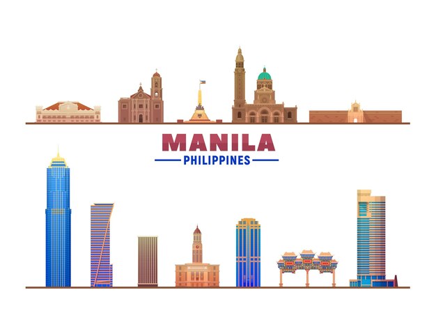 Горизонт Манилы Филиппины с панорамой на белом фоне Векторная иллюстрация Концепция деловых поездок и туризма с современными зданиями Изображение для баннера или веб-сайта