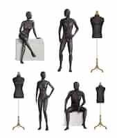 Free vector mannequins realistic colored set of isolated black mannequin images with male and female models and hangers vector illustration